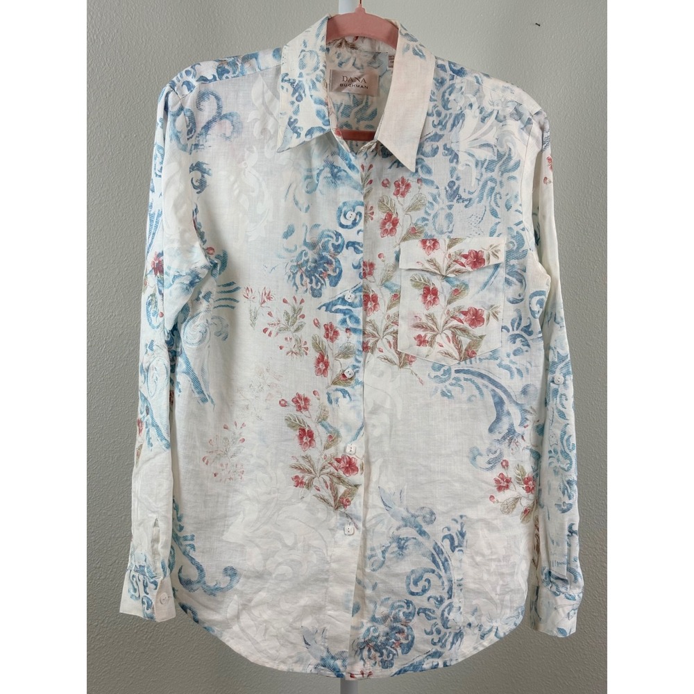 Dana Buchman Floral Lightweight 100% Linen Button Blouse White Blue Red Small 6
